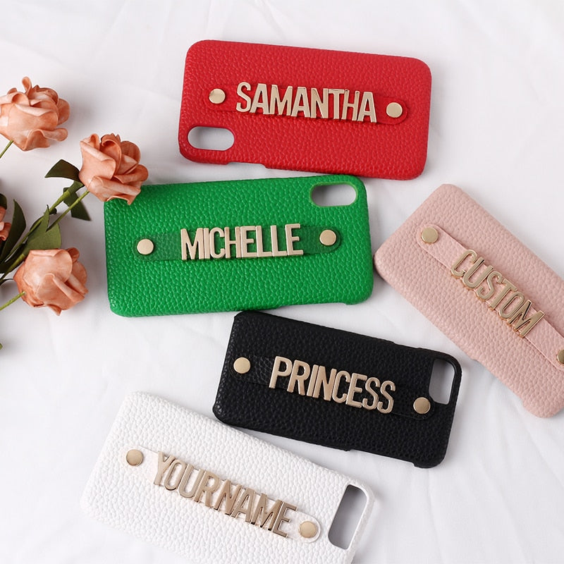 Holding Strap Letter Custom Personalize Name Pebble Leather Phone Case For iPhone14 14ProMax 14Plus 13Promax 13 12 1Luxury Cover