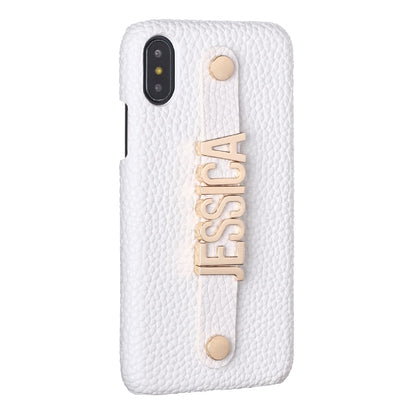 Holding Strap Letter Custom Personalize Name Pebble Leather Phone Case For iPhone14 14ProMax 14Plus 13Promax 13 12 1Luxury Cover