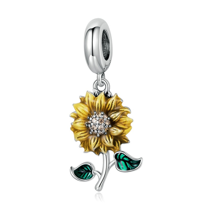 Bisaer Flower Bird Pendant 925 Sterling Silver Charm Garden Colorful CZ Animal Plant Bead Fit Original Bracelets Bangles Jewelry