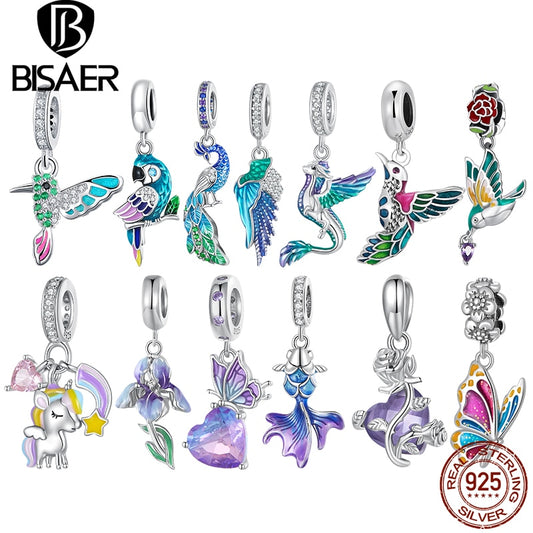 Bisaer Flower Bird Pendant 925 Sterling Silver Charm Garden Colorful CZ Animal Plant Bead Fit Original Bracelets Bangles Jewelry